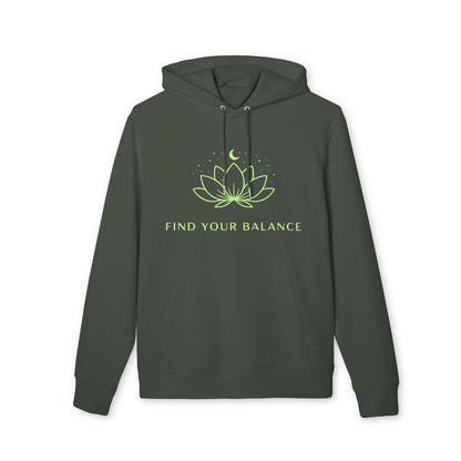 Find Your Balance Yoga Hoodie 100% Organic Cotton unisex hoodie in dark green with lotus moon graphic and front pocket