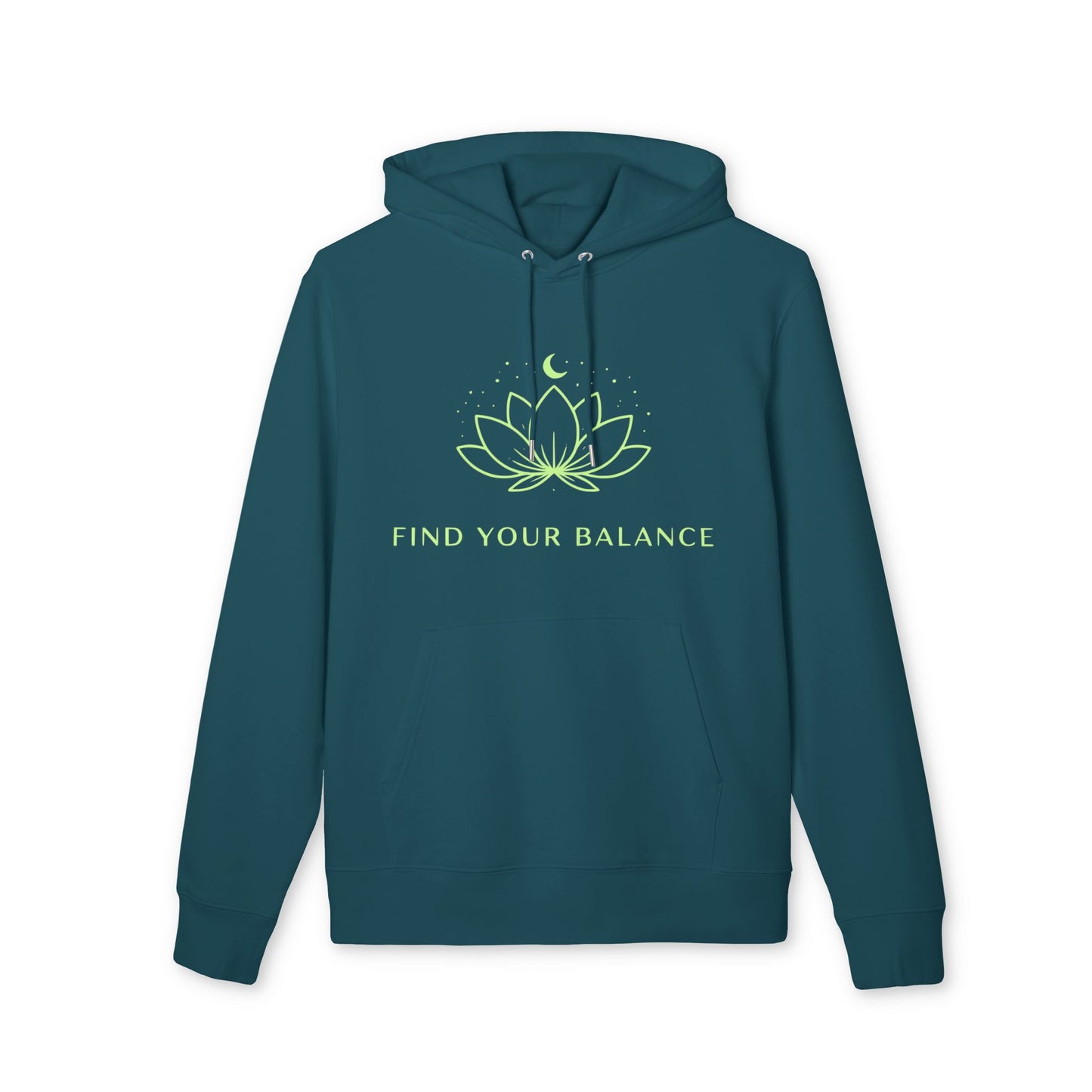 Find Your Balance Yoga Hoodie 100% Organic Cotton teal unisex pullover hoodie with lotus graphic and "Find Your Balance" text