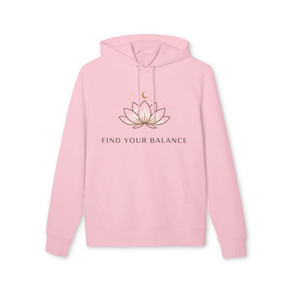 Alt Tag: Find Your Balance Yoga Hoodie 100% Organic Cotton pink unisex pullover hoodie with lotus graphic and drawstring hood
