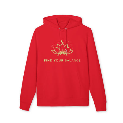 Alt Tag: Find Your Balance Yoga Hoodie 100% Organic Cotton red unisex pullover hoodie with lotus and moon graphic, front view