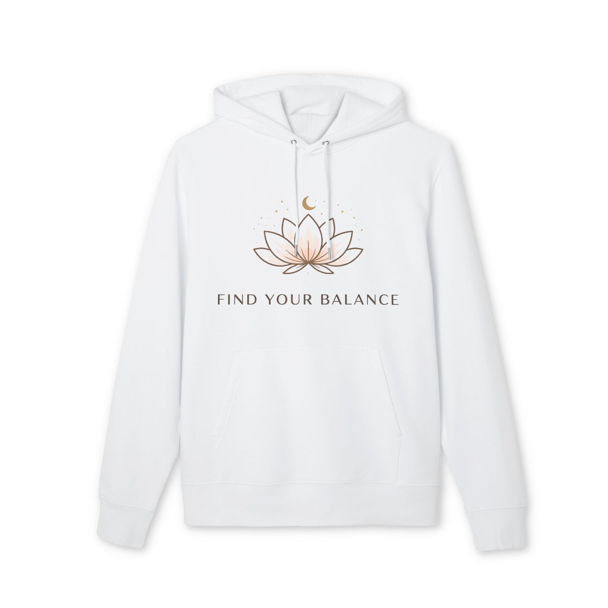 Alt Tag: Find Your Balance Yoga Hoodie 100% Organic Cotton white unisex hoodie with lotus graphic and Find Your Balance text