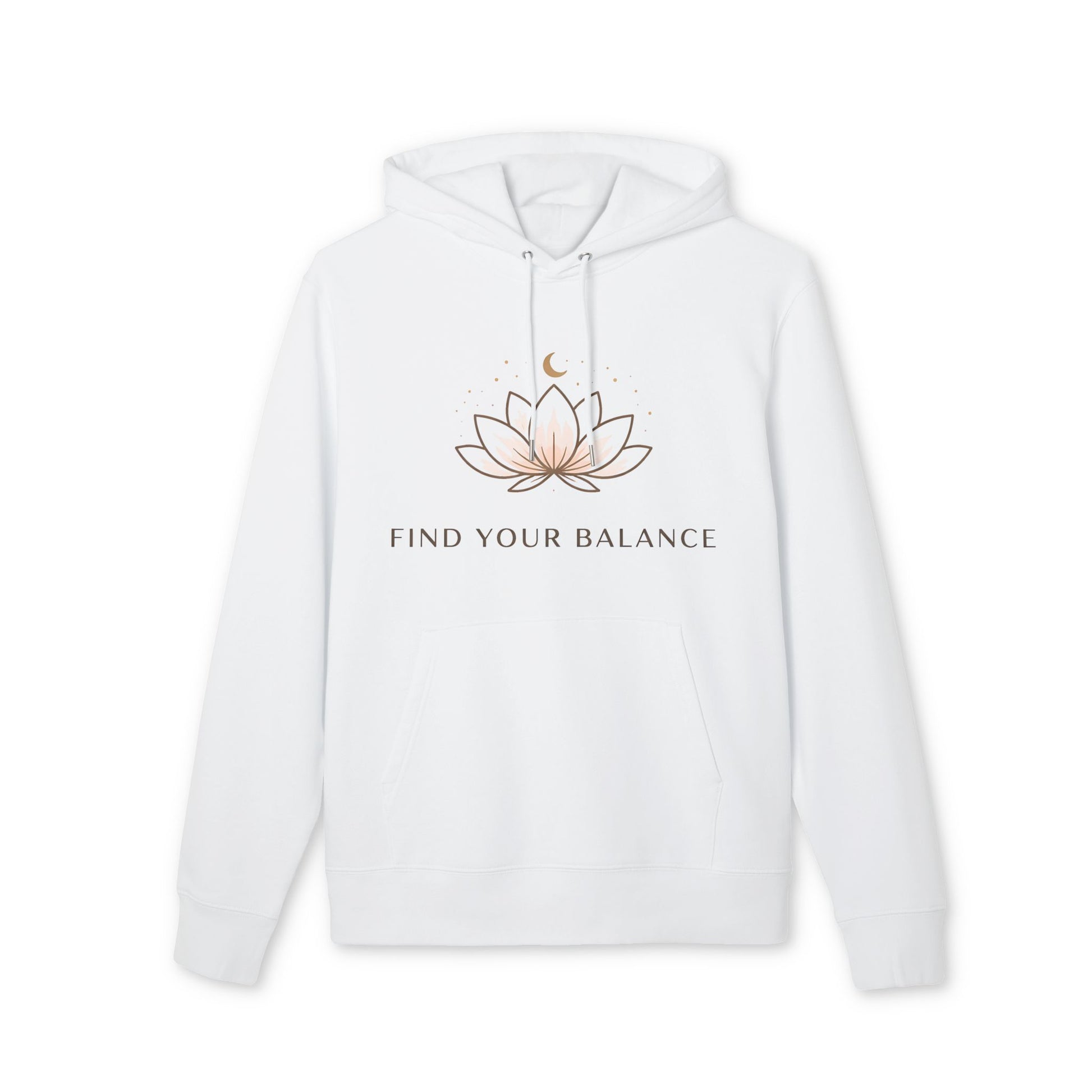 Alt Tag: Find Your Balance Yoga Hoodie 100% Organic Cotton white unisex hoodie with lotus graphic and Find Your Balance text