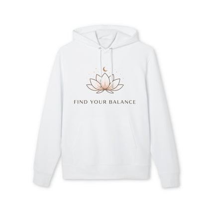 Alt Tag: Find Your Balance Yoga Hoodie 100% Organic Cotton white unisex hoodie with lotus graphic and Find Your Balance text