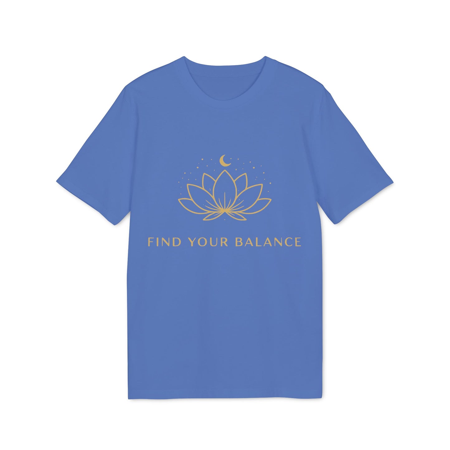Yoga T-shirt Find Your Balance 100% Organic Cotton blue unisex tee with lotus and moon graphic, "Find Your Balance" text