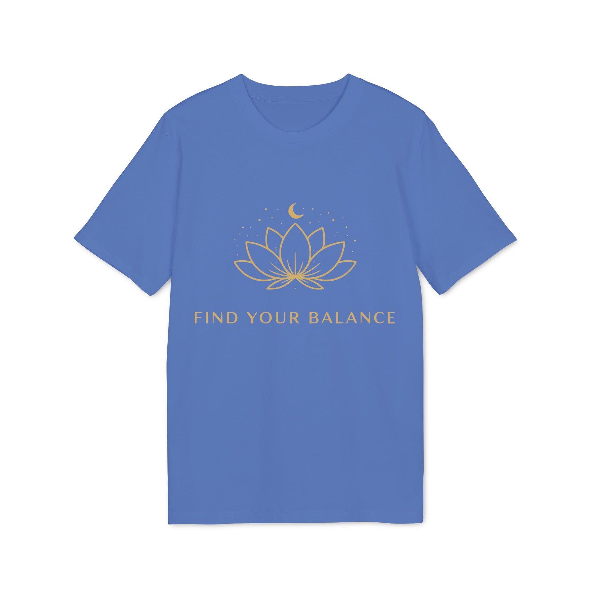 Yoga T-shirt Find Your Balance 100% Organic Cotton blue unisex tee with lotus and moon graphic, "Find Your Balance" text