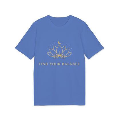 Yoga T-shirt Find Your Balance 100% Organic Cotton blue unisex tee with lotus and moon graphic, "Find Your Balance" text
