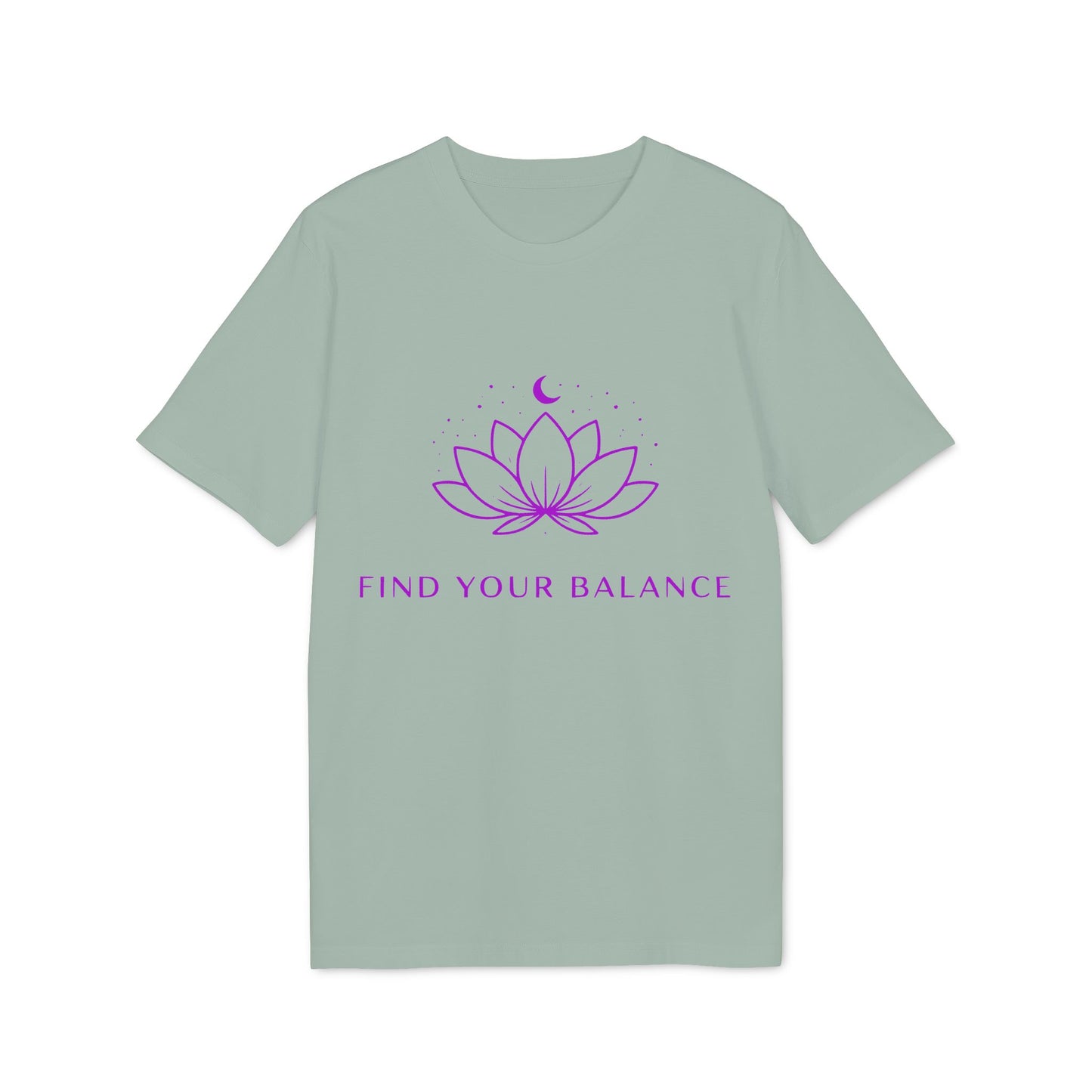 Alt Tag: Yoga T-shirt Find Your Balance 100% Organic Cotton unisex camiseta verde salvia con diseño loto morado y texto “Find Your Balance”