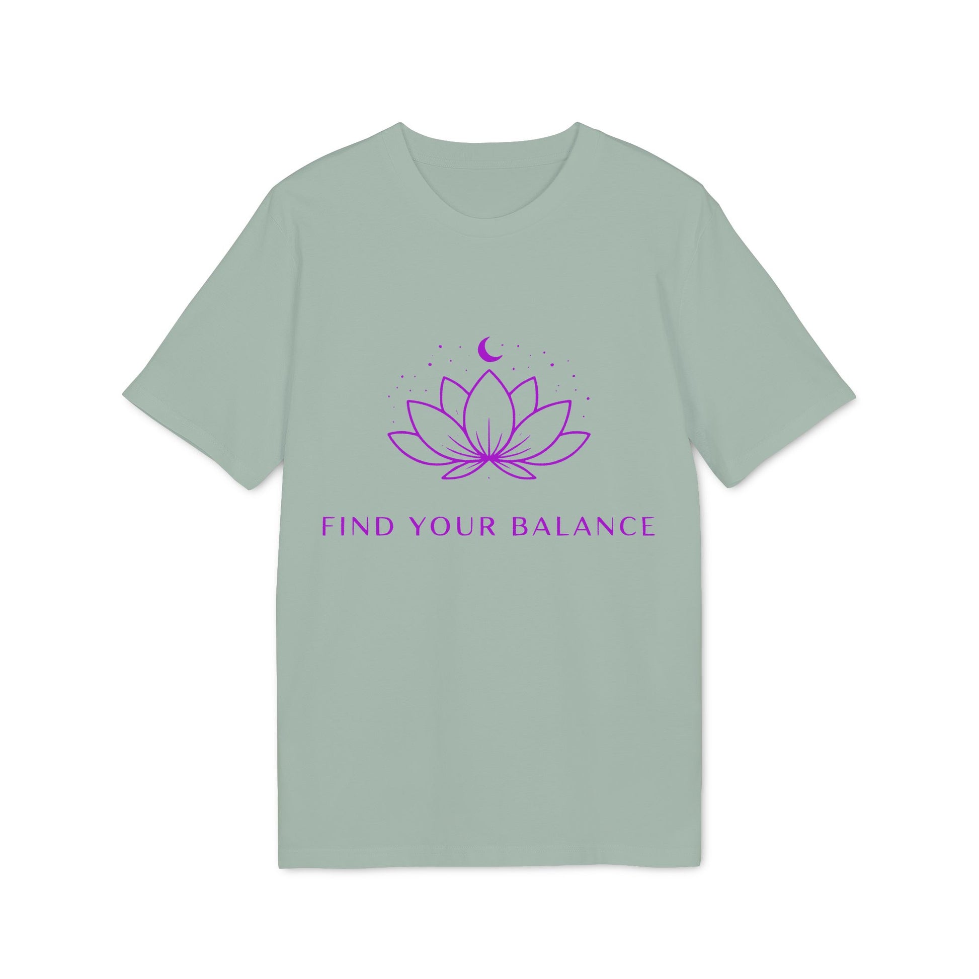 Alt Tag: Yoga T-shirt Find Your Balance 100% Organic Cotton unisex camiseta verde salvia con diseño loto morado y texto “Find Your Balance”