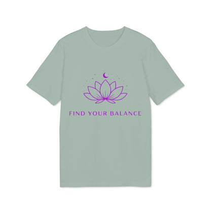 Alt Tag: Yoga T-shirt Find Your Balance 100% Organic Cotton unisex camiseta verde salvia con diseño loto morado y texto “Find Your Balance”