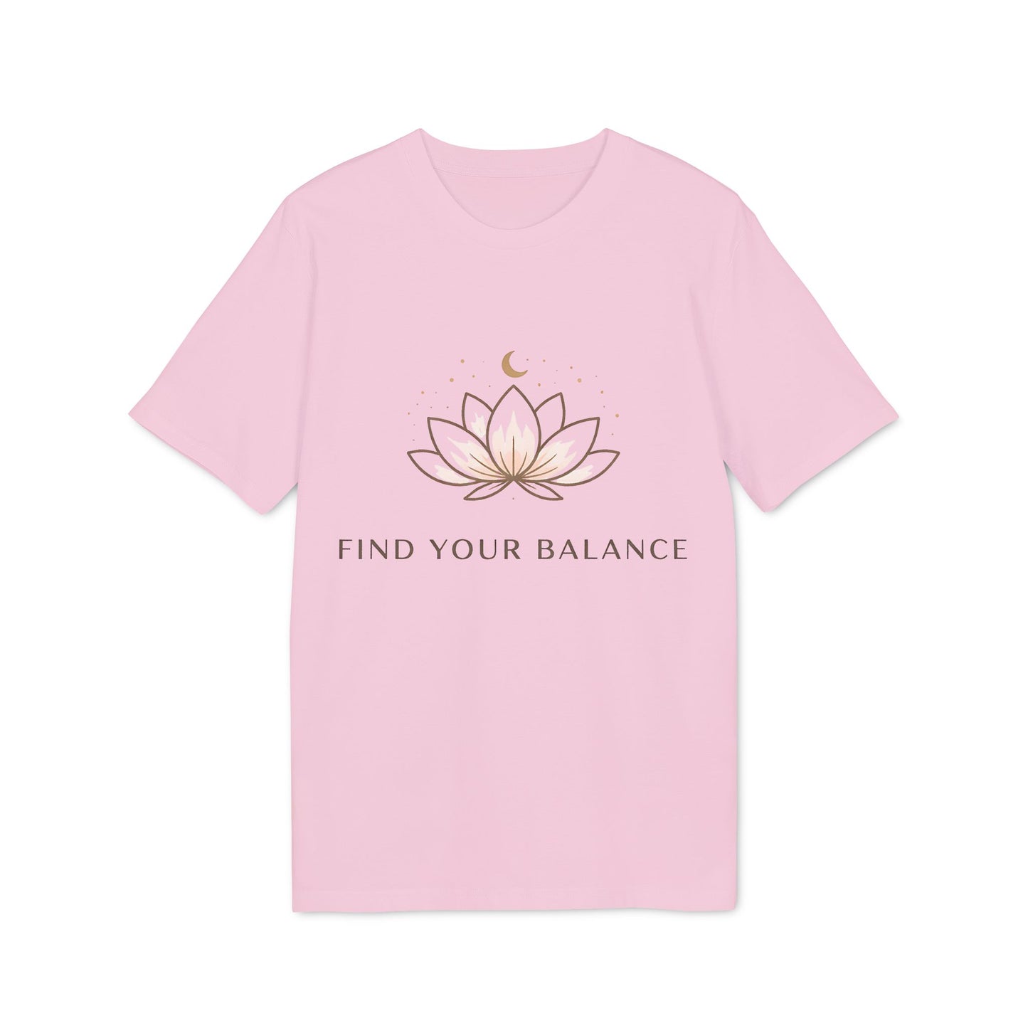 Alt Tag: Yoga T-shirt Find Your Balance 100% Organic Cotton, camiseta unisex rosa con diseño de flor de loto y texto "Find Your Balance"