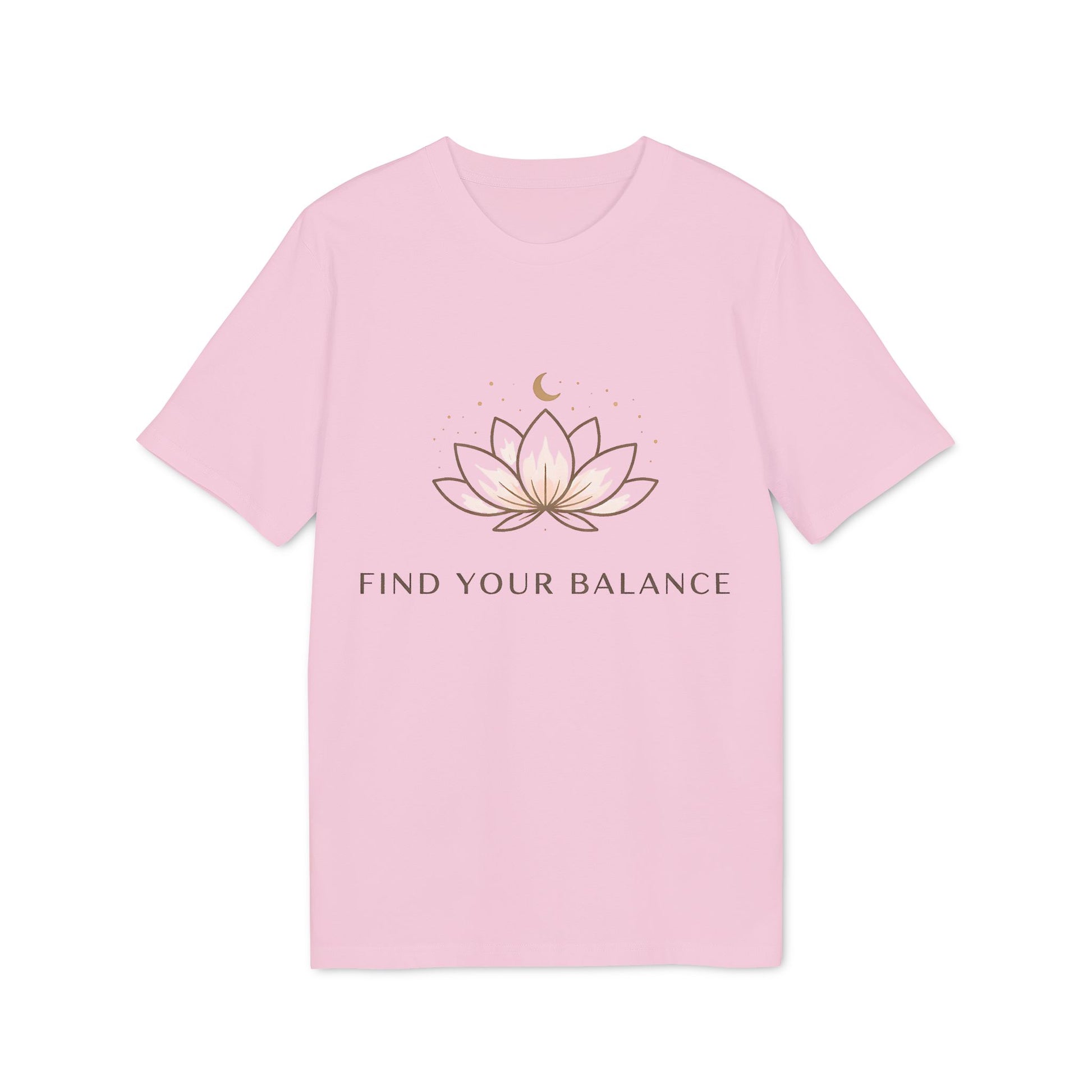 Alt Tag: Yoga T-shirt Find Your Balance 100% Organic Cotton, camiseta unisex rosa con diseño de flor de loto y texto "Find Your Balance"