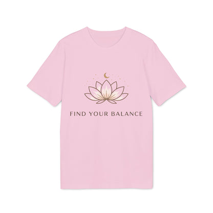 Alt Tag: Yoga T-shirt Find Your Balance 100% Organic Cotton, camiseta unisex rosa con diseño de flor de loto y texto "Find Your Balance"