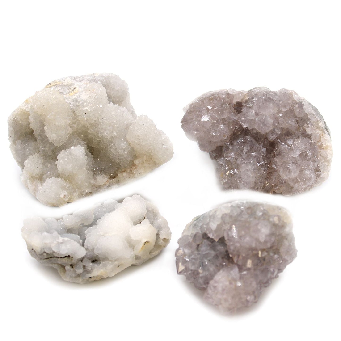 Alt Tag: Finger Quartz Specimens – 1KG Pack, conjunto de 4 piezas de cuarzo en bruto con drusas cristalinas en tonos blanco y lila