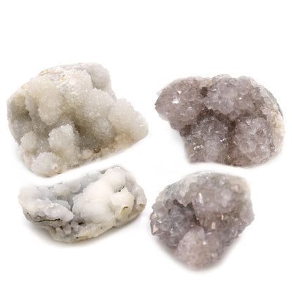 Alt Tag: Finger Quartz Specimens – 1KG Pack, conjunto de 4 piezas de cuarzo en bruto con drusas cristalinas en tonos blanco y lila
