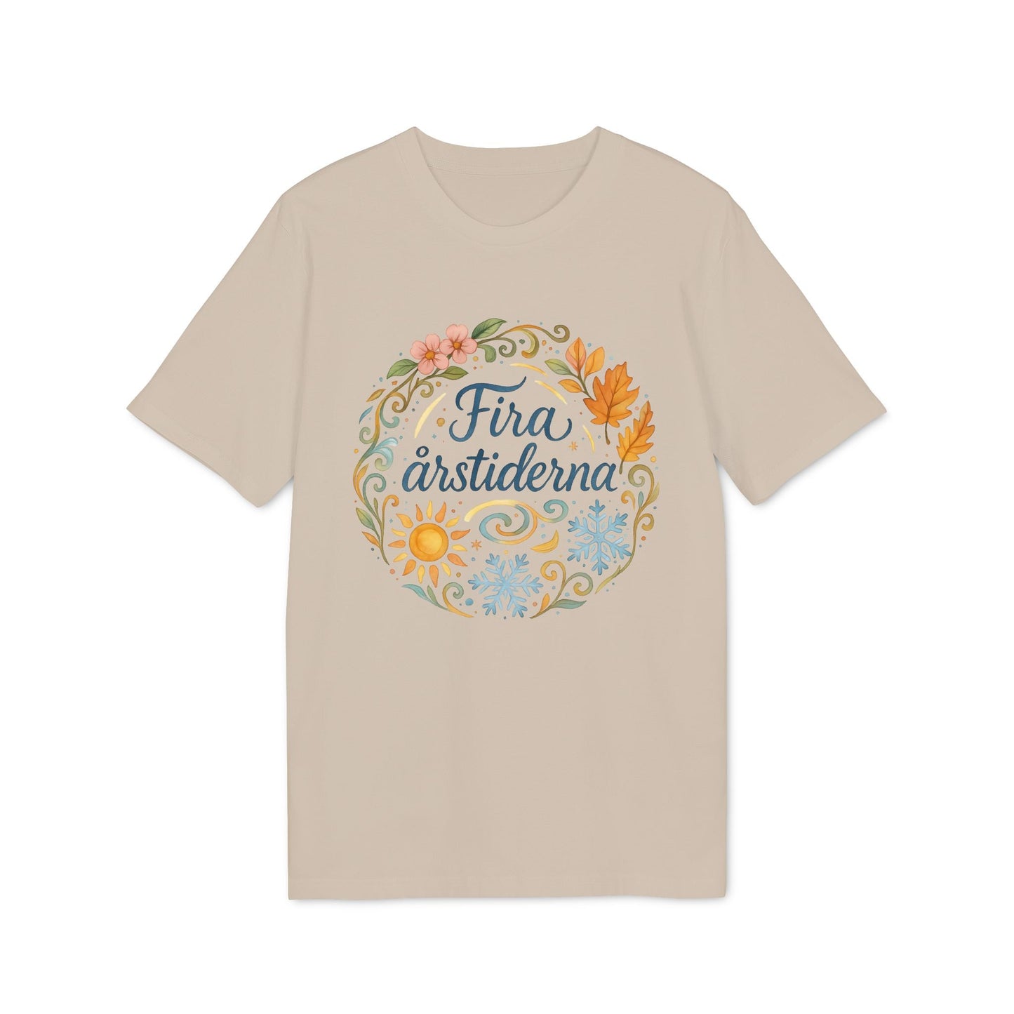 Alt Tag: Fira Årstiderna Rudolf Steiner Premium Unisex T-Shirt beige with circular seasonal floral illustration and “Fira årstiderna” text