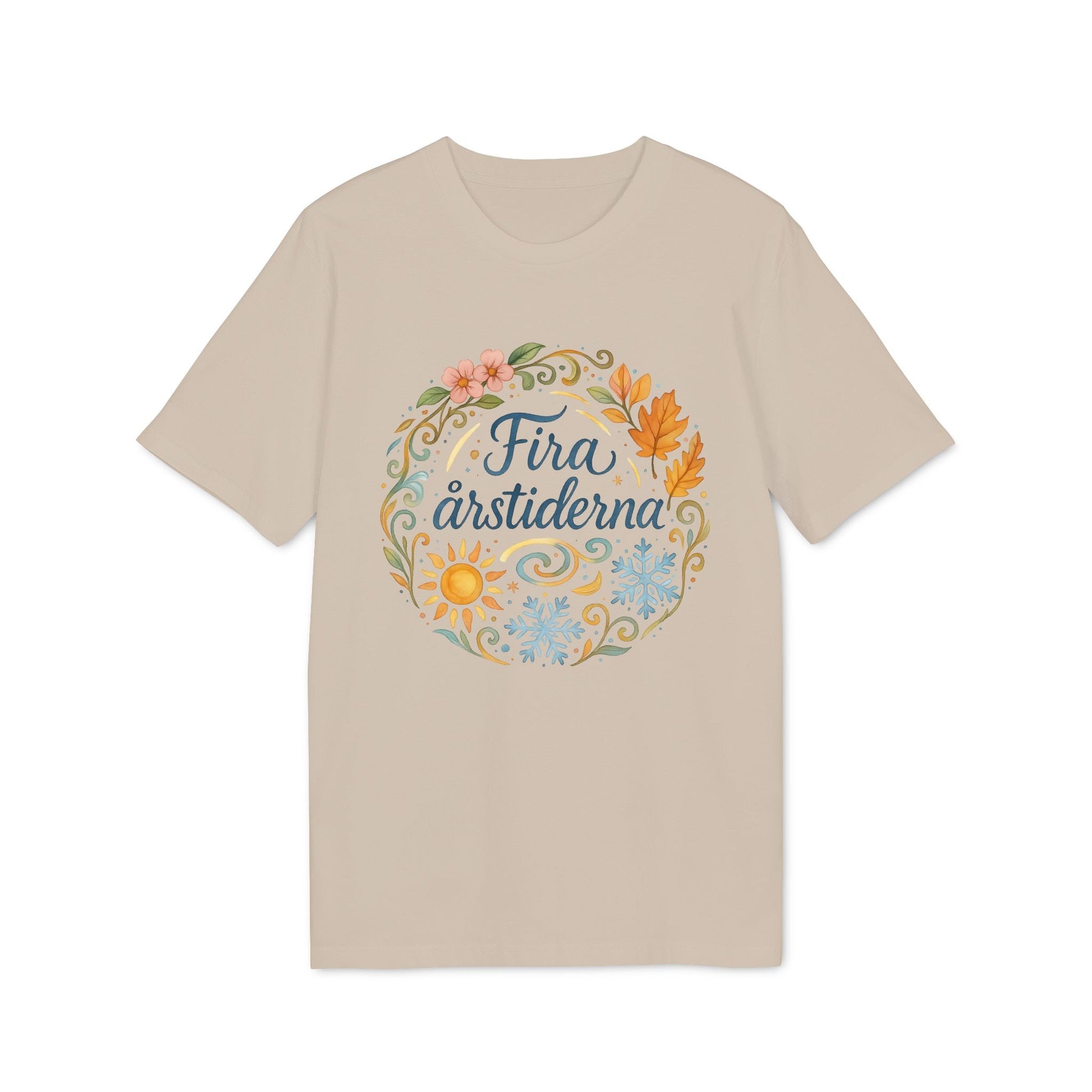 Alt Tag: Fira Årstiderna Rudolf Steiner Premium Unisex T-Shirt beige with circular seasonal floral illustration and “Fira årstiderna” text