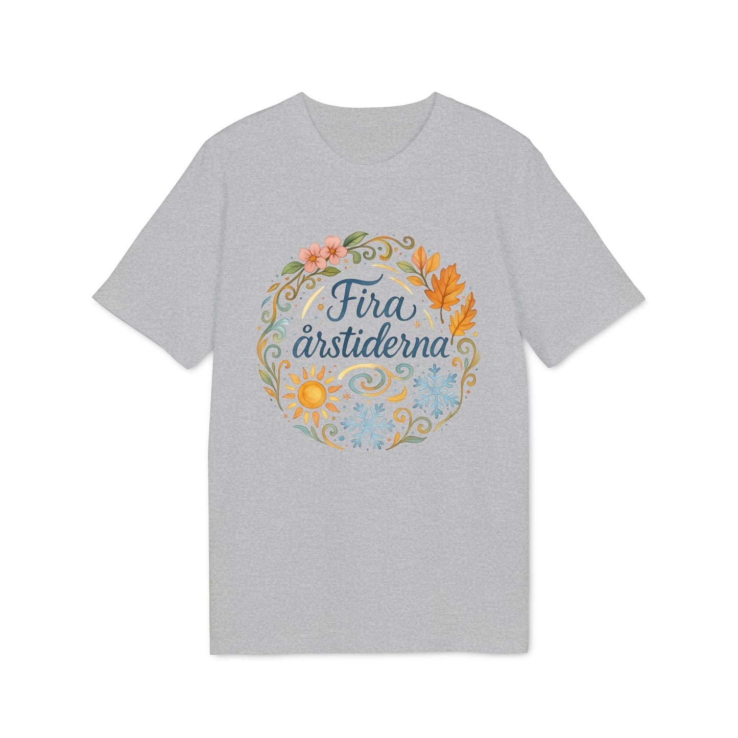 Fira Årstiderna Rudolf Steiner Premium Unisex T-Shirt grey tee with floral seasonal wreath graphic and “Fira årstiderna” text