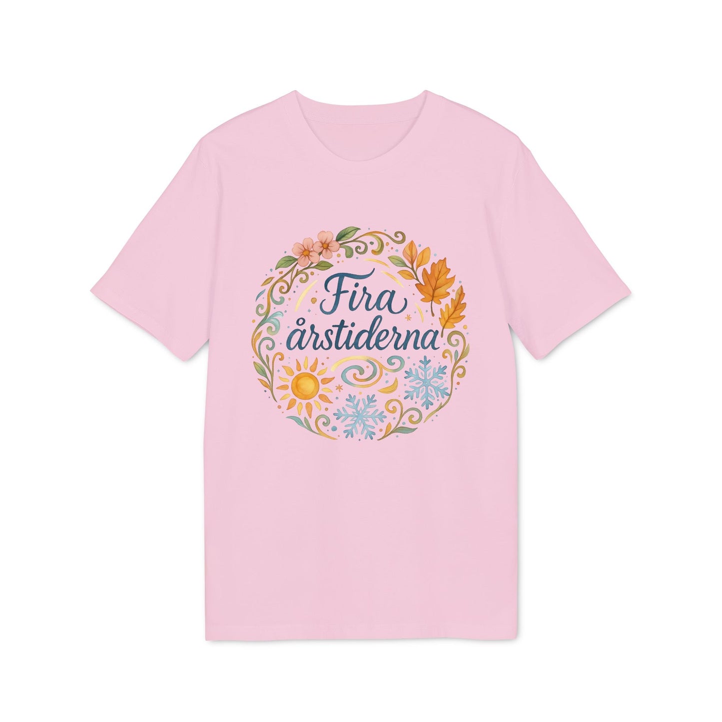 Fira Årstiderna Rudolf Steiner Premium Unisex T-Shirt rosa con diseño circular “Fira årstiderna” y motivos de estaciones