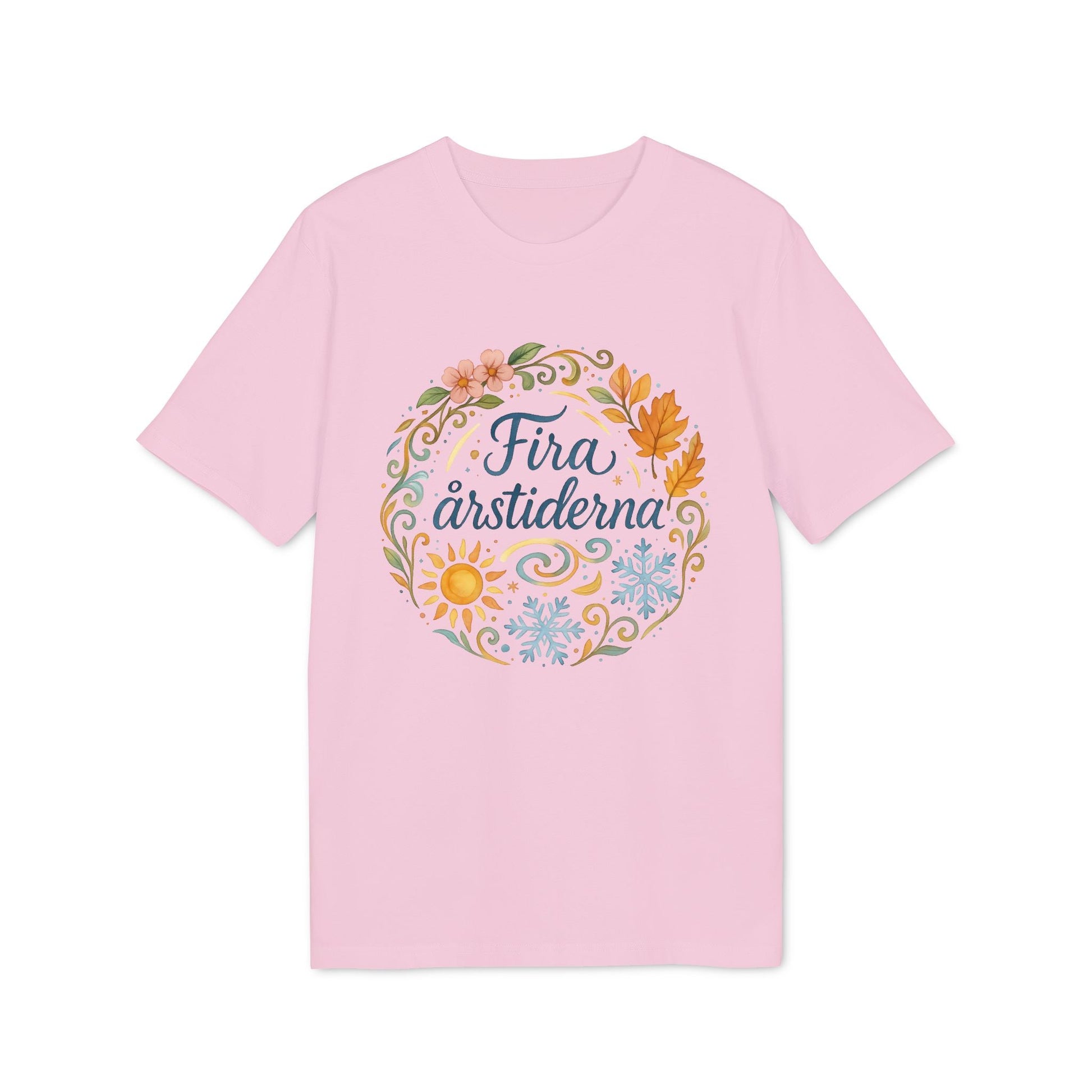 Fira Årstiderna Rudolf Steiner Premium Unisex T-Shirt rosa con diseño circular “Fira årstiderna” y motivos de estaciones