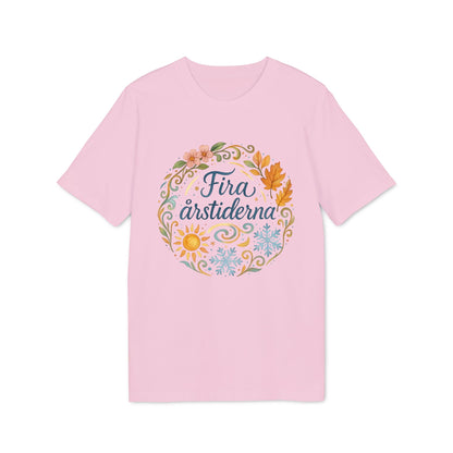 Fira Årstiderna Rudolf Steiner Premium Unisex T-Shirt rosa con diseño circular “Fira årstiderna” y motivos de estaciones