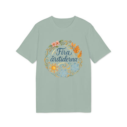Alt Tag: Fira Årstiderna Rudolf Steiner Premium Unisex T-Shirt in sage green with seasonal wreath graphic, "Fira årstiderna" text