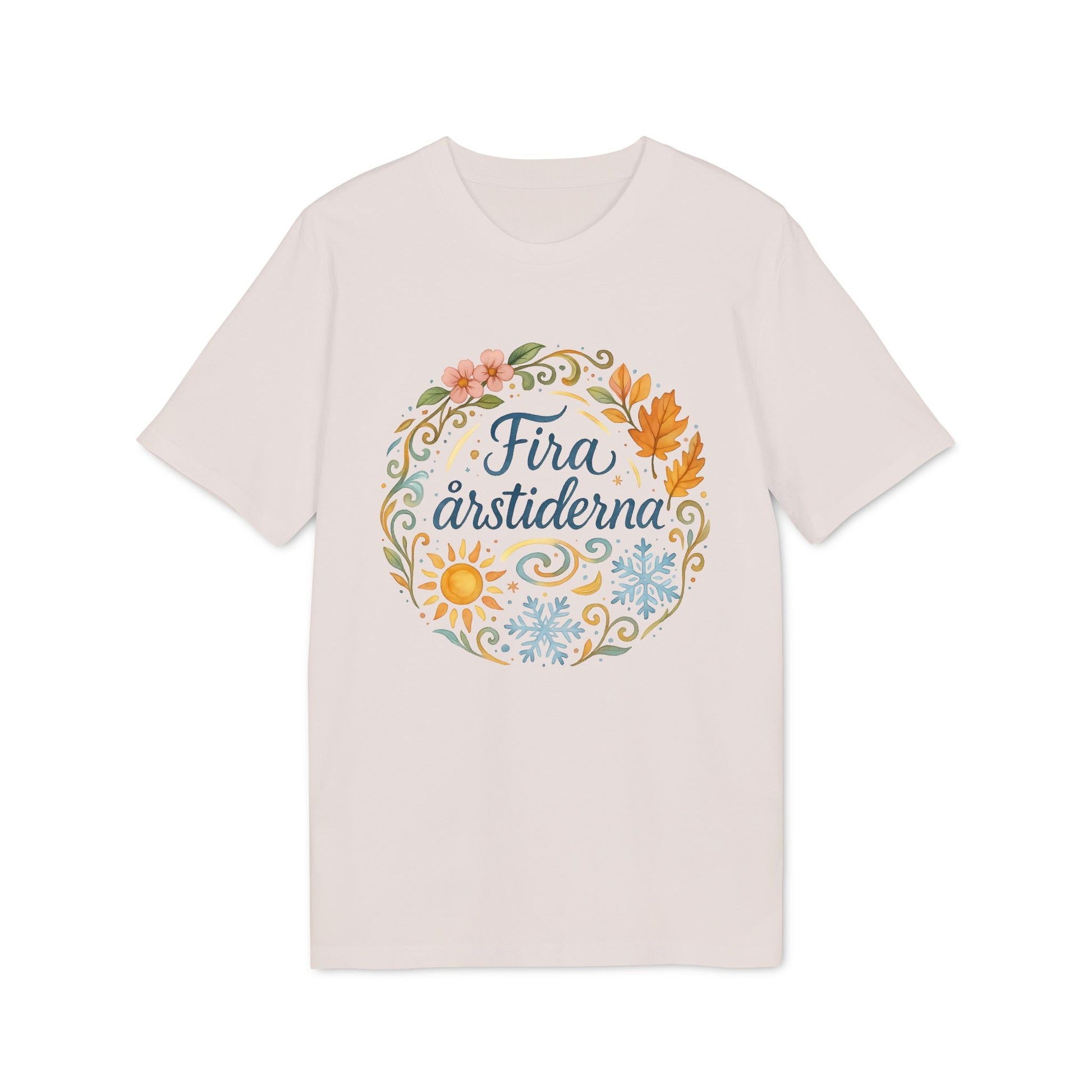 Alt Tag: Fira Årstiderna Rudolf Steiner Premium Unisex T-Shirt beige with seasonal wreath graphic and “Fira årstiderna” text