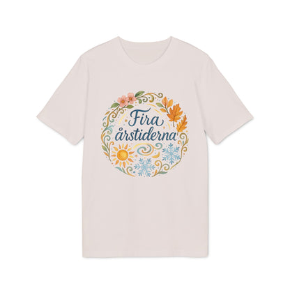 Alt Tag: Fira Årstiderna Rudolf Steiner Premium Unisex T-Shirt beige with seasonal wreath graphic and “Fira årstiderna” text