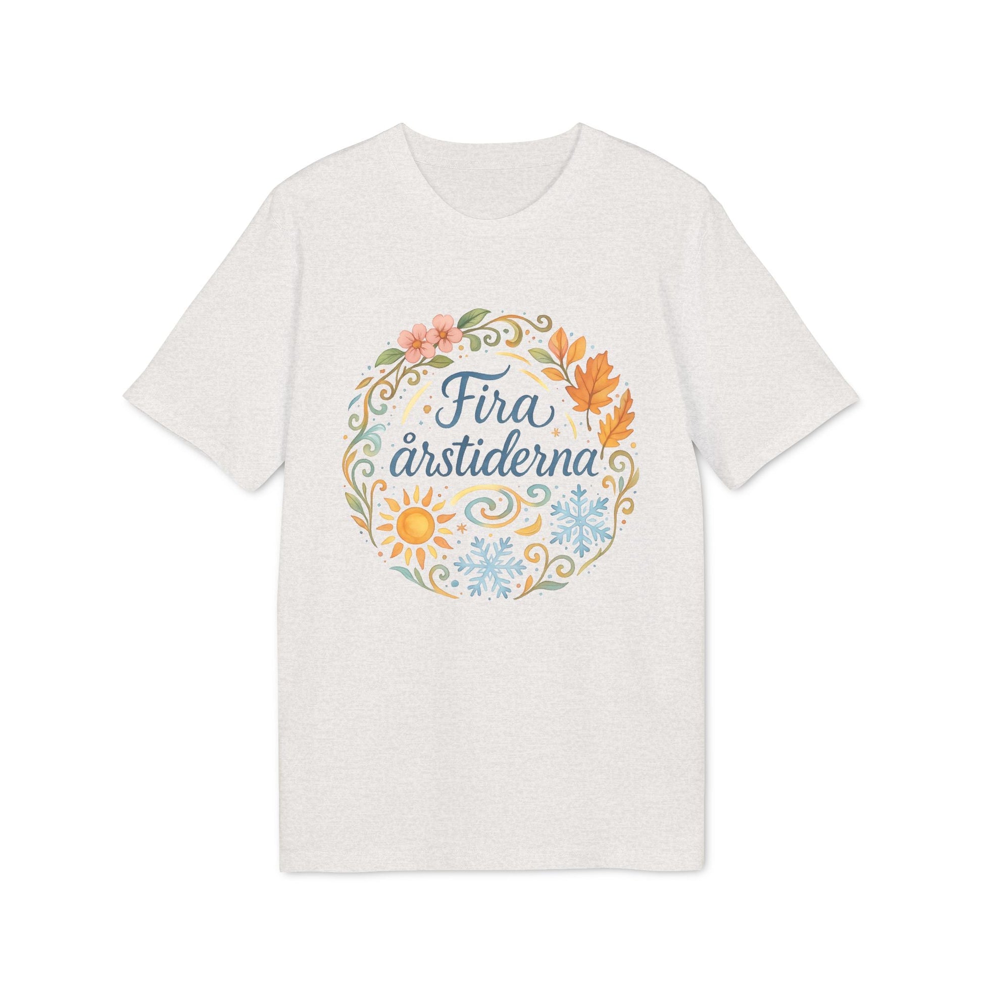 Alt Tag: Fira Årstiderna Rudolf Steiner Premium Unisex T-Shirt with seasonal floral wreath graphic on light heather tee