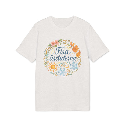 Alt Tag: Fira Årstiderna Rudolf Steiner Premium Unisex T-Shirt with seasonal floral wreath graphic on light heather tee