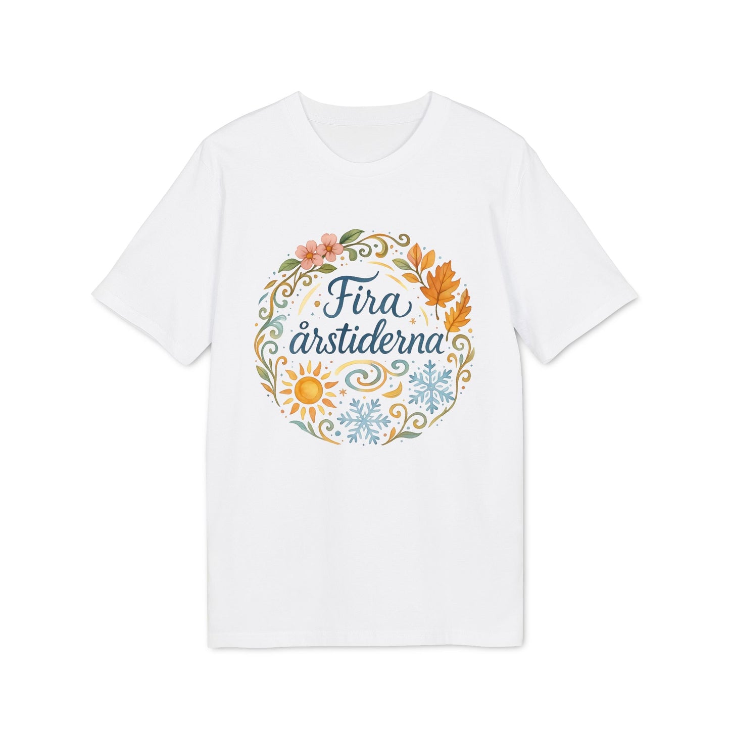 Alt Tag: Fira Årstiderna Rudolf Steiner Premium Unisex T-Shirt white tee with seasonal floral wreath graphic and “Fira årstiderna” text