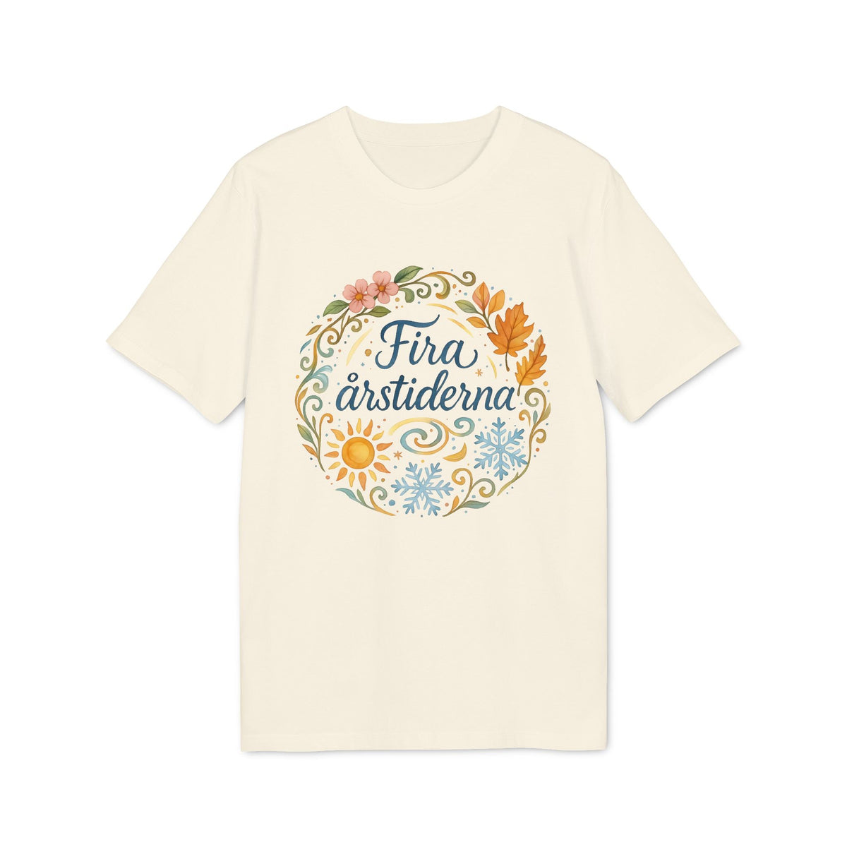 Alt Tag: Fira Årstiderna Rudolf Steiner Premium Unisex T-Shirt beige med tryck “Fira årstiderna” och säsongsillustrationer