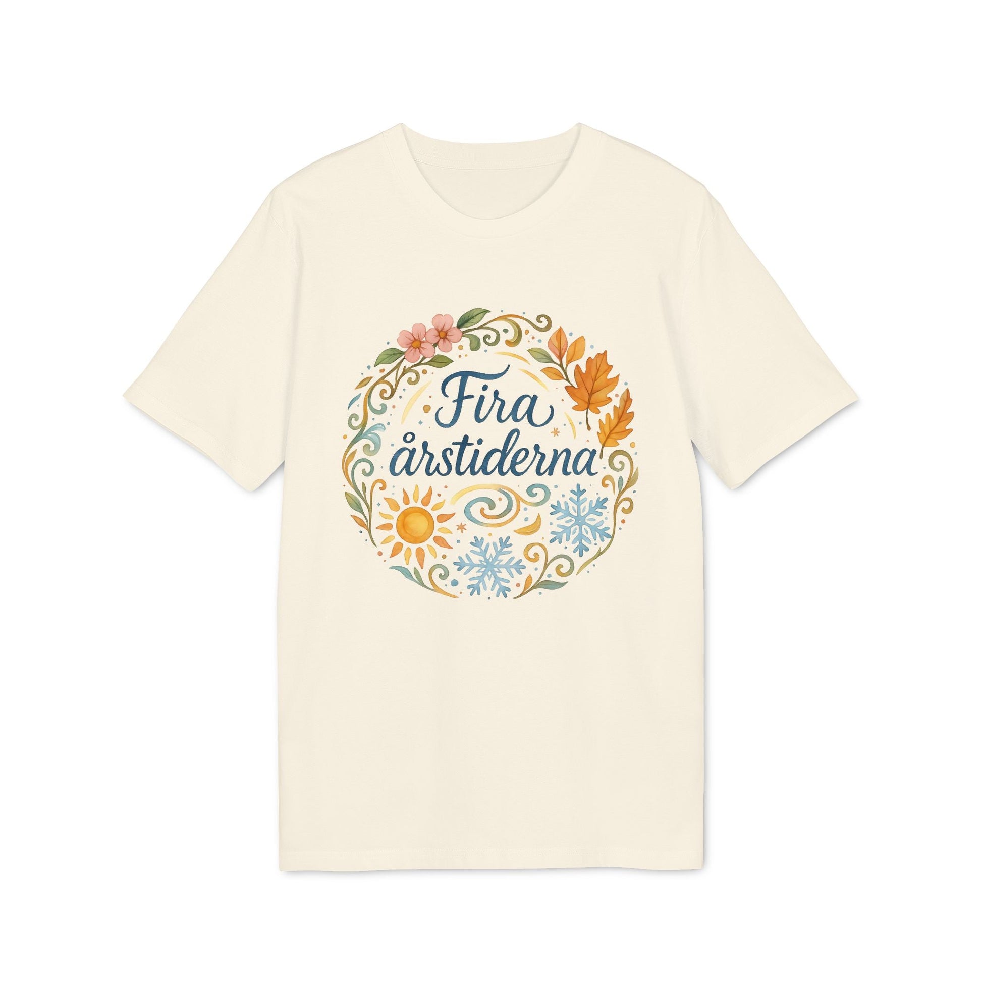 Alt Tag: Fira Årstiderna Rudolf Steiner Premium Unisex T-Shirt beige med tryck “Fira årstiderna” och säsongsillustrationer