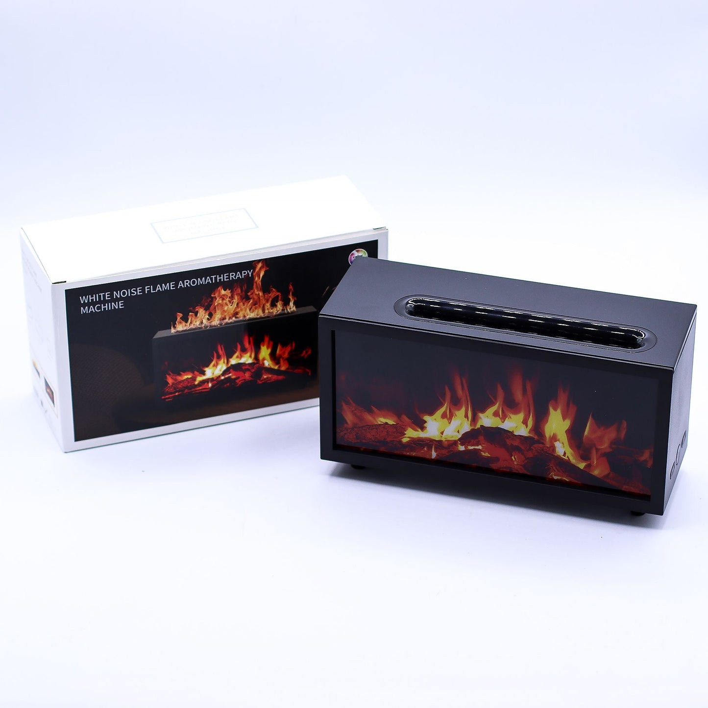 Alt Tag: Flame Effect Aroma Diffuser with Birdsong – Black – USB – Colour Change shown with flame-effect diffuser unit and product box