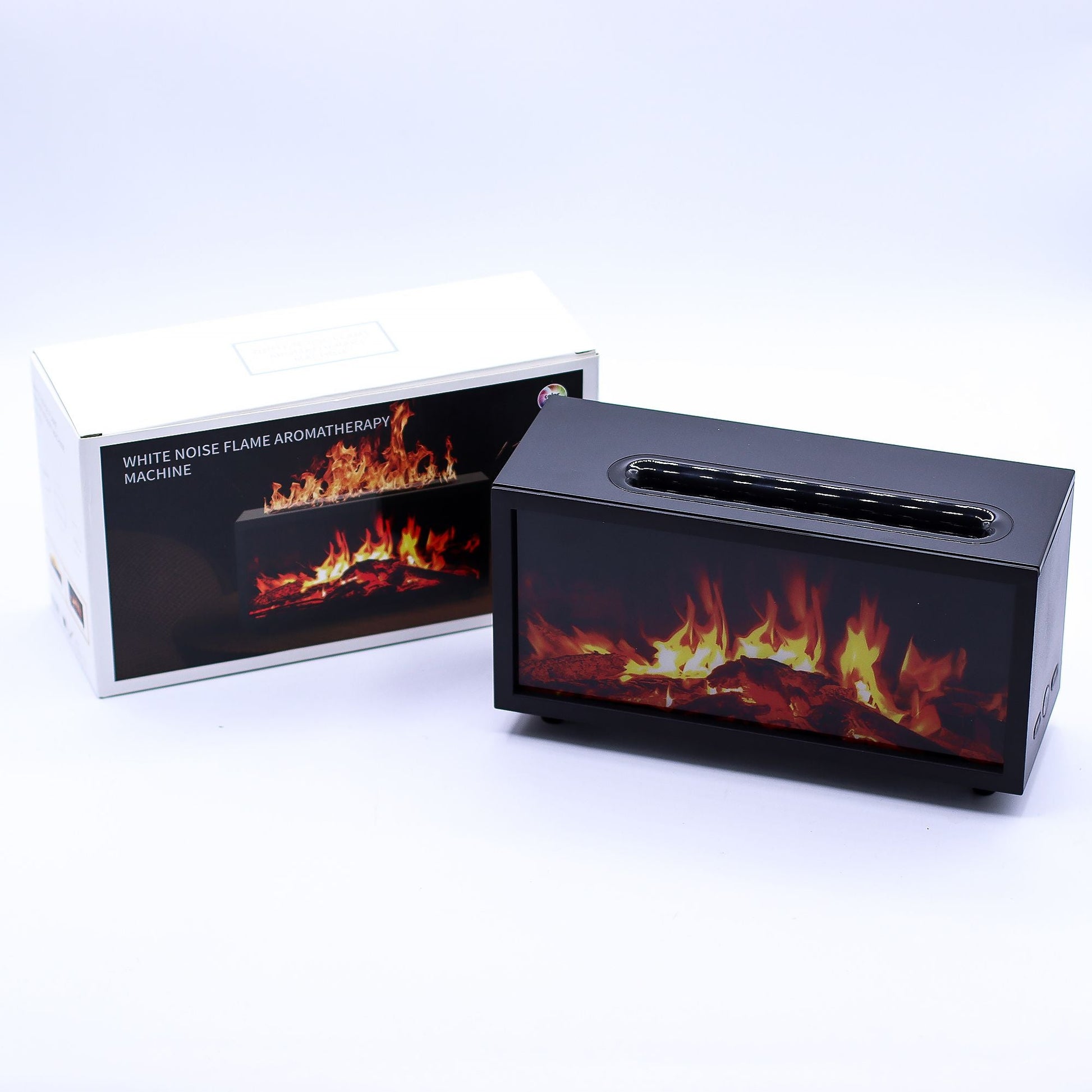 Alt Tag: Flame Effect Aroma Diffuser with Birdsong – Black – USB – Colour Change shown with flame-effect diffuser unit and product box