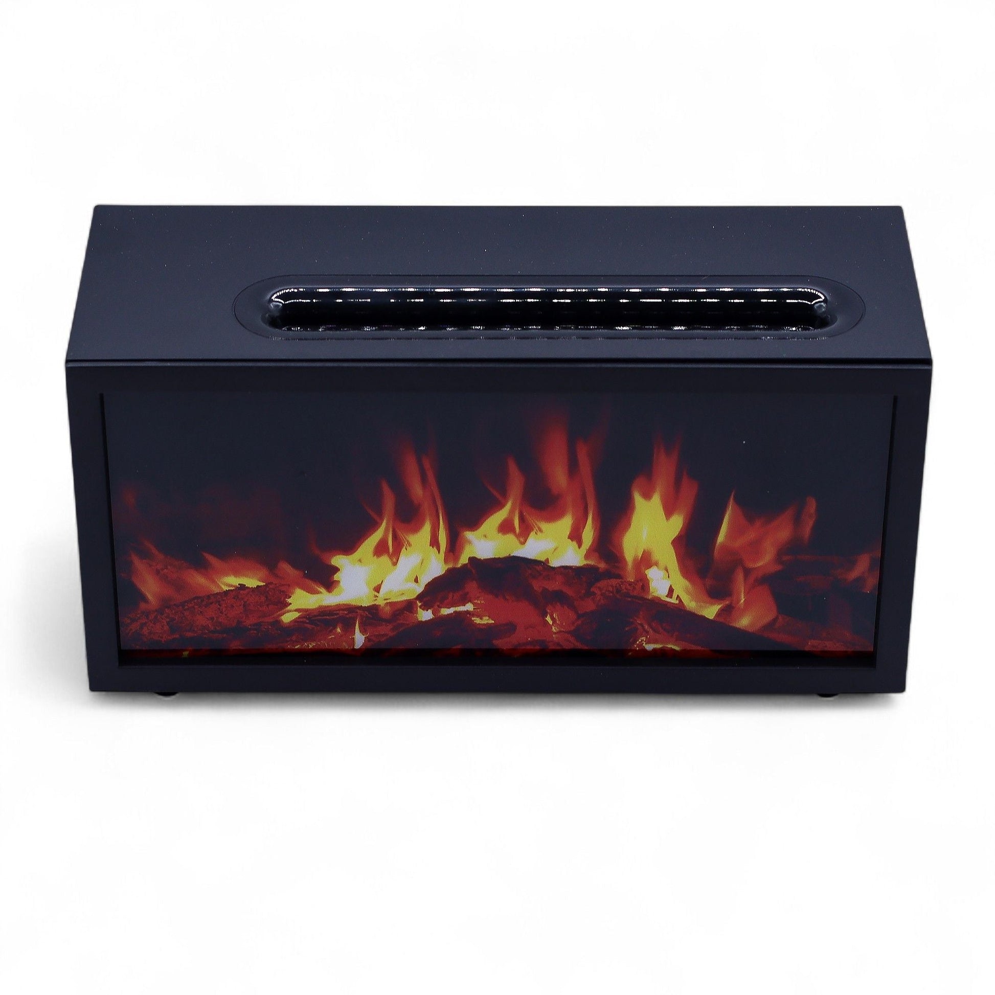 Flame Effect Aroma Diffuser with Birdsong – Black – USB – Colour Change black rectangular diffuser with realistic flame-effect display