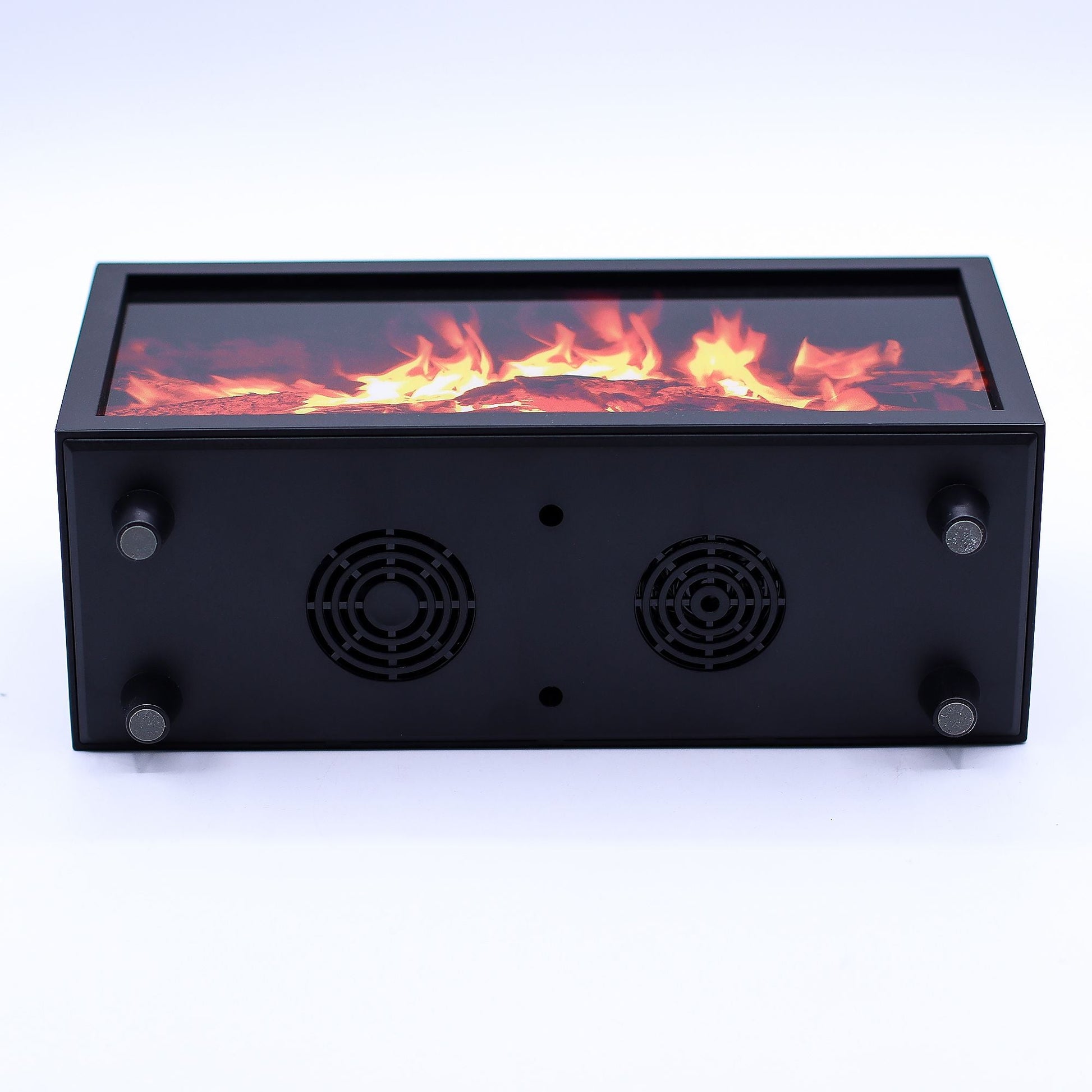 Alt Tag: Flame Effect Aroma Diffuser with Birdsong – Black – USB – Colour Change black diffuser with flame effect display and front vents