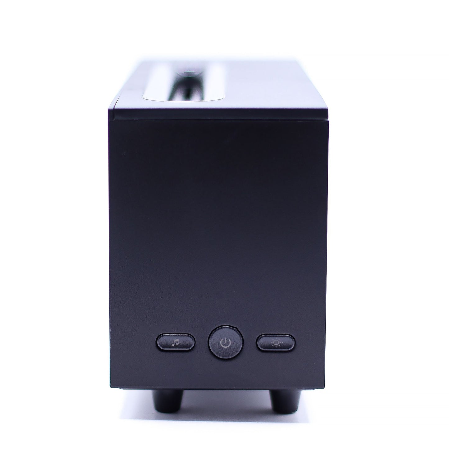 Flame Effect Aroma Diffuser with Birdsong – Black – USB – Colour Change, front view with control buttons and rectangular design