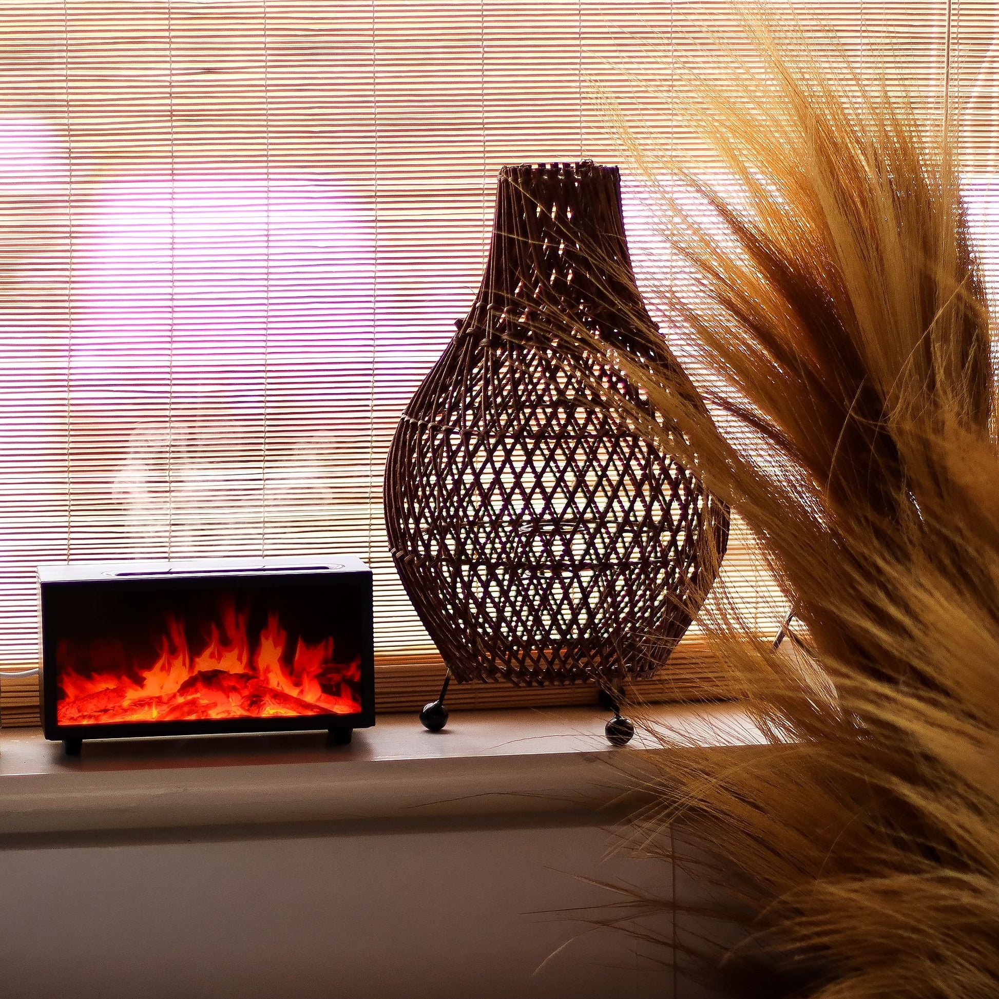 Flame Effect Aroma Diffuser with Birdsong – Black – USB – Colour Change on windowsill with flame effect light and woven decor