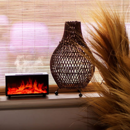 Flame Effect Aroma Diffuser with Birdsong – Black – USB – Colour Change on windowsill with flame effect light and woven decor