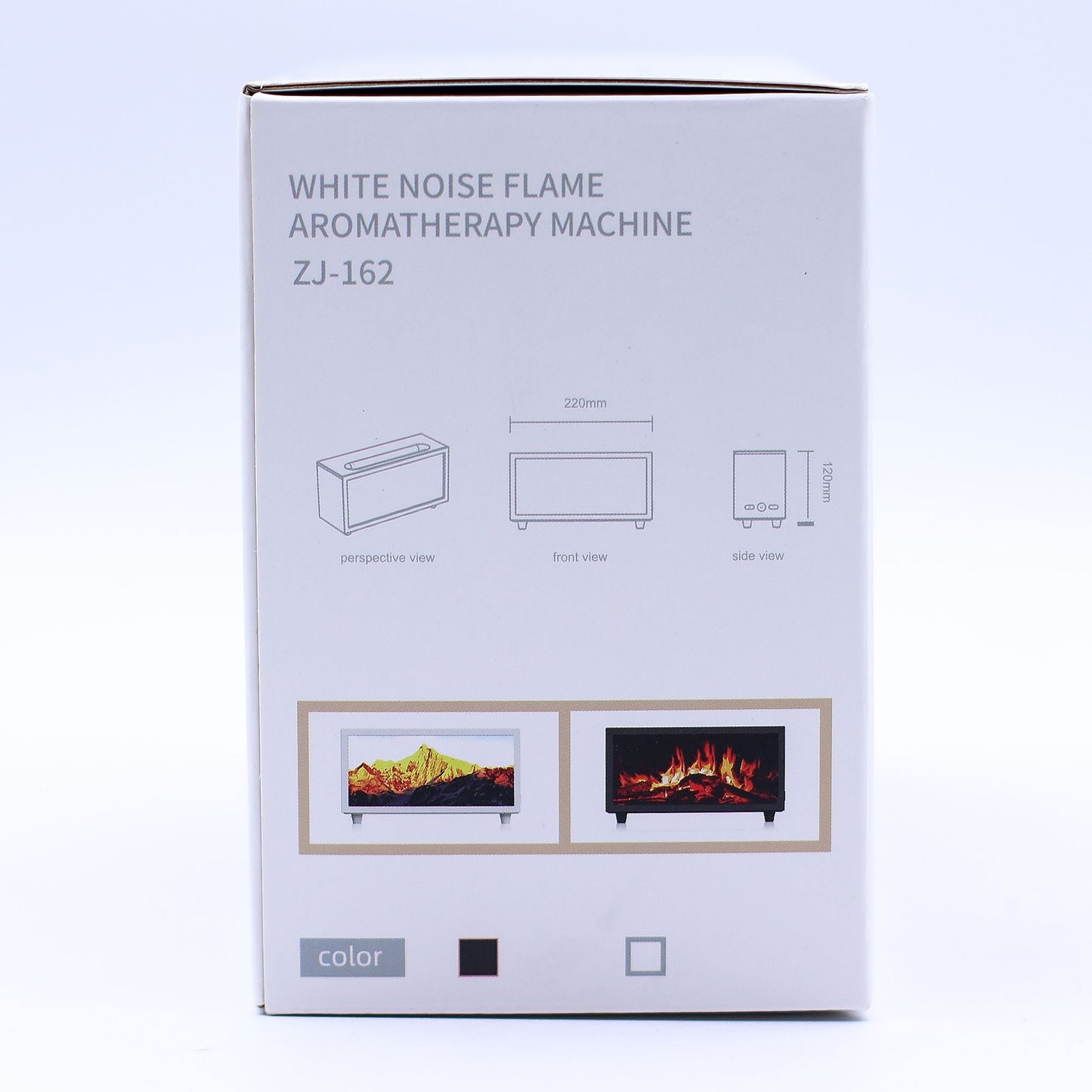 Flame Effect Aroma Diffuser with Birdsong – Black – USB – Colour Change product box packaging with white noise flame aromatherapy machine label