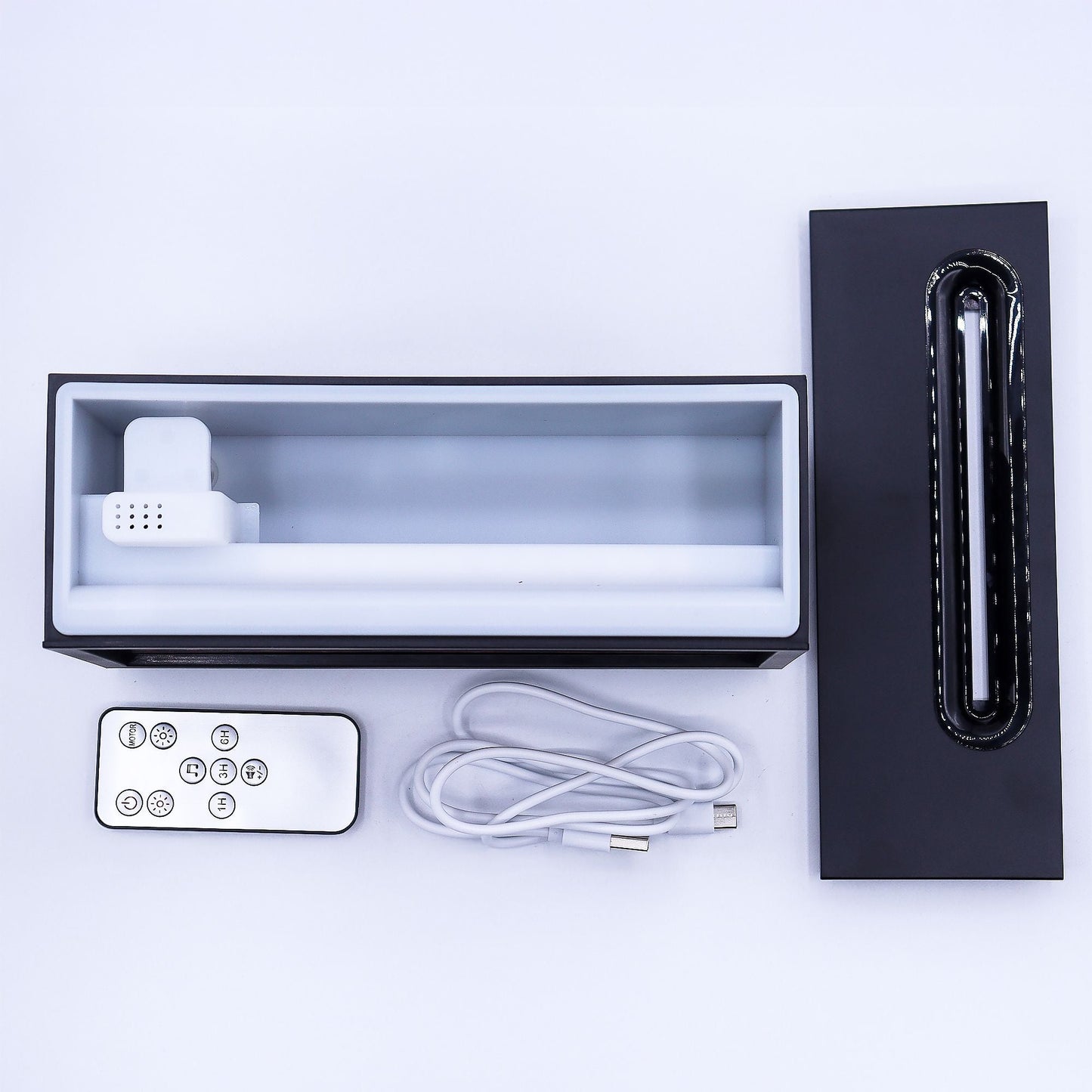 Flame Effect Aroma Diffuser with Birdsong – Black – USB – Colour Change set with remote, USB cable and accessories in box