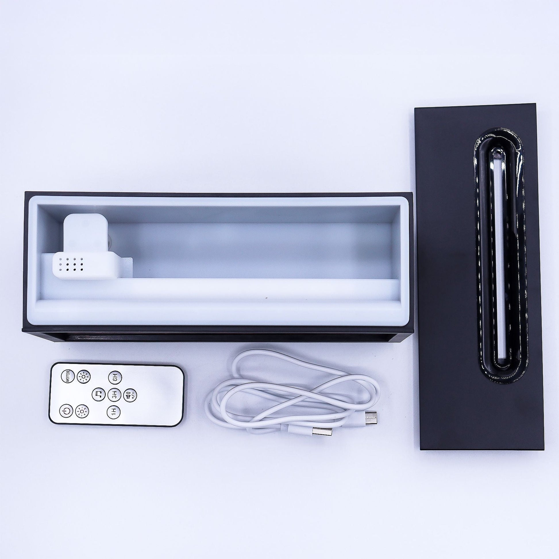 Flame Effect Aroma Diffuser with Birdsong – Black – USB – Colour Change set with remote, USB cable and accessories in box