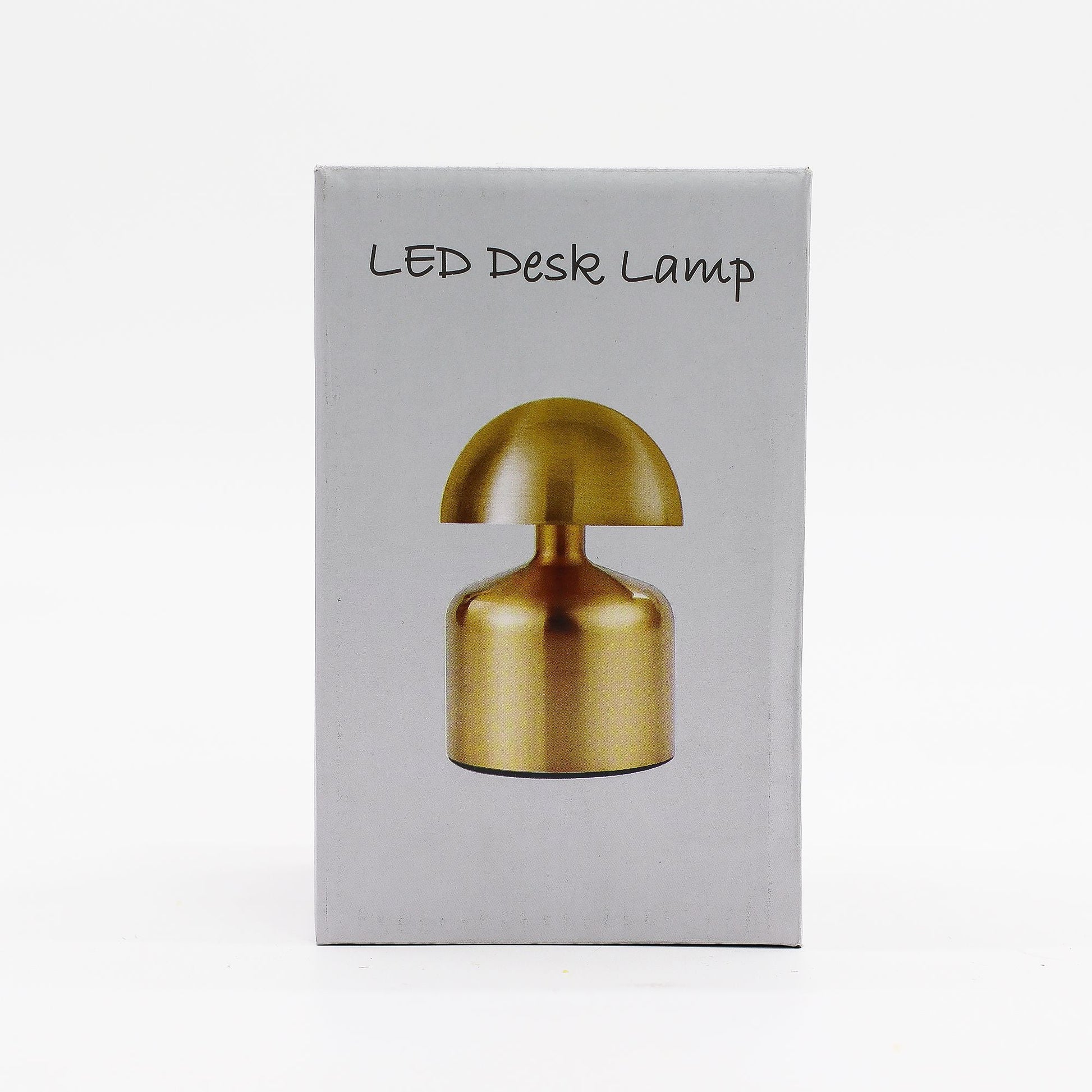 Touchlampa – Platt svamp i brons (USB-C, uppladdningsbar, 400 W) förpackningslåda med bild av LED-skrivbordslampa i bronsformad svamp