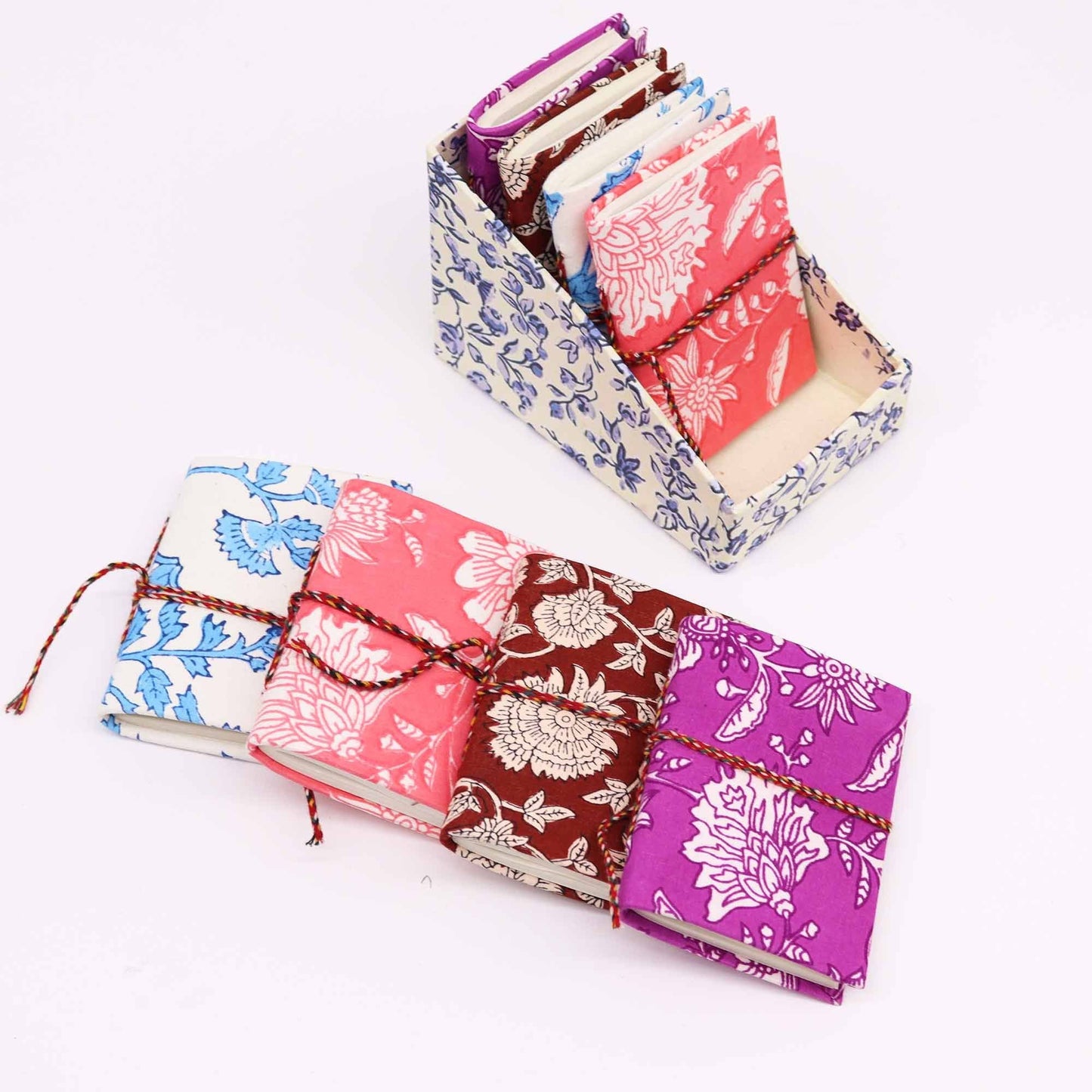 Floral Cotton Notebooks – 7x10CM Assorted Set, hand block printed fabric covers with floral prints, compact mini notebooks set