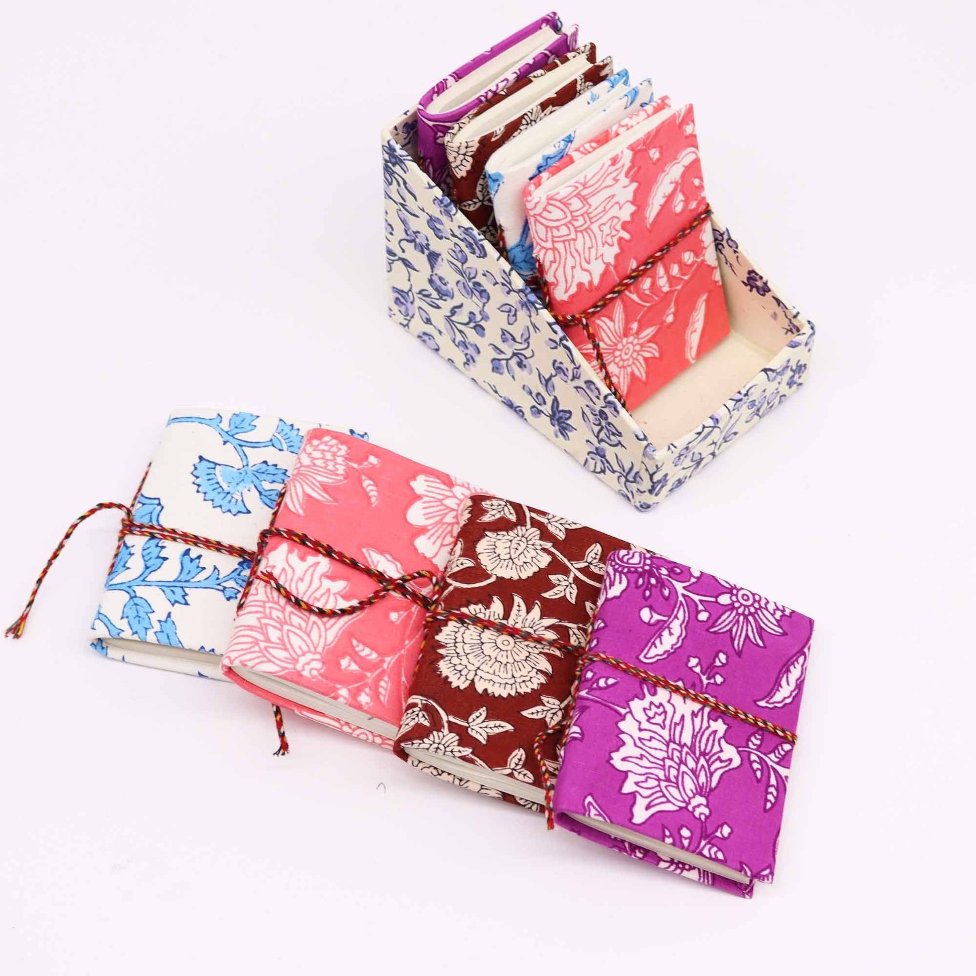 Floral Cotton Notebooks – 7x10CM Assorted Set, hand block printed fabric covers with floral prints, compact mini notebooks set