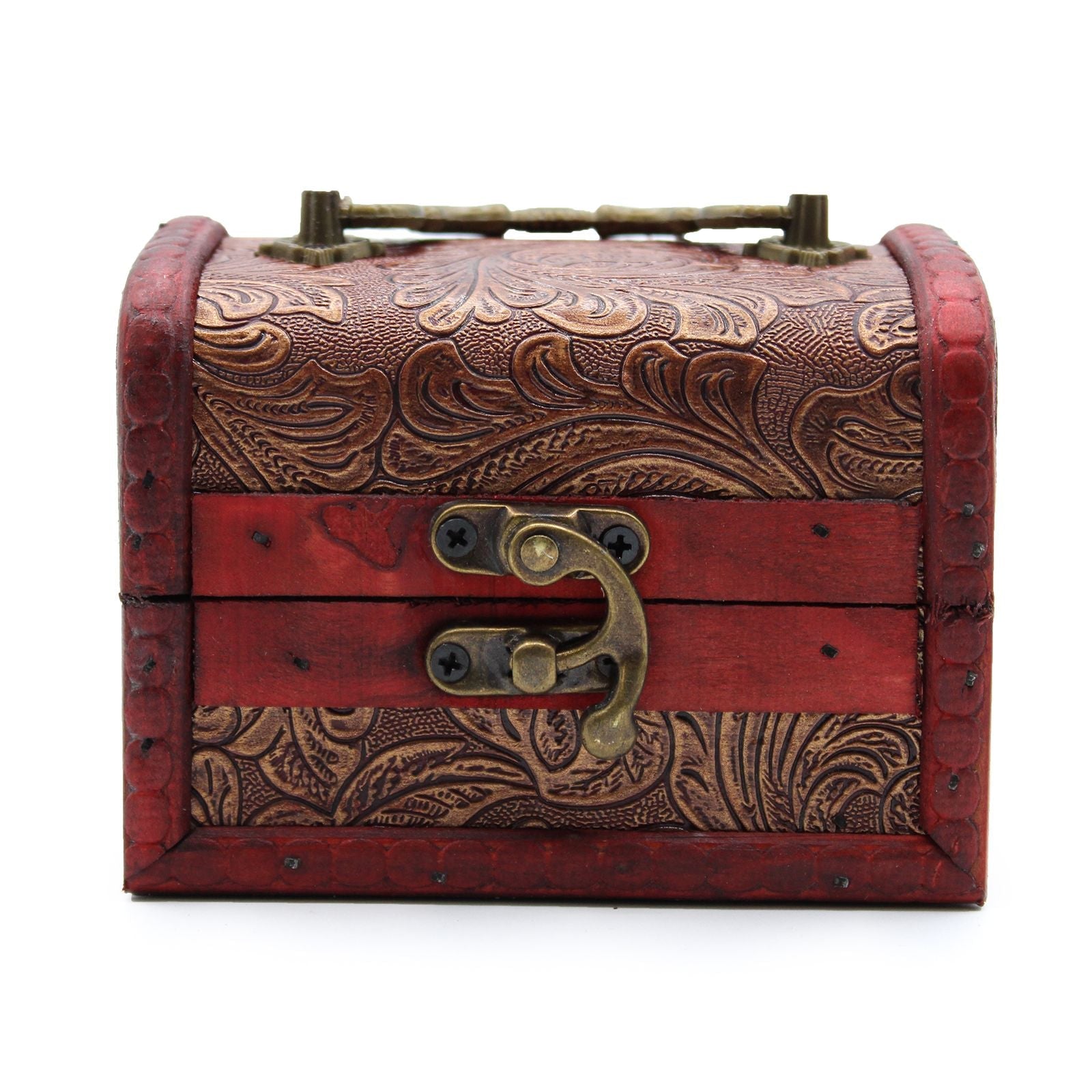 Floral Embossed MDF Vintage Style Box – 8x11x8 CM, cofre decorativo con relieve floral, cierre metálico y acabado vintage en tonos marrón y rojo