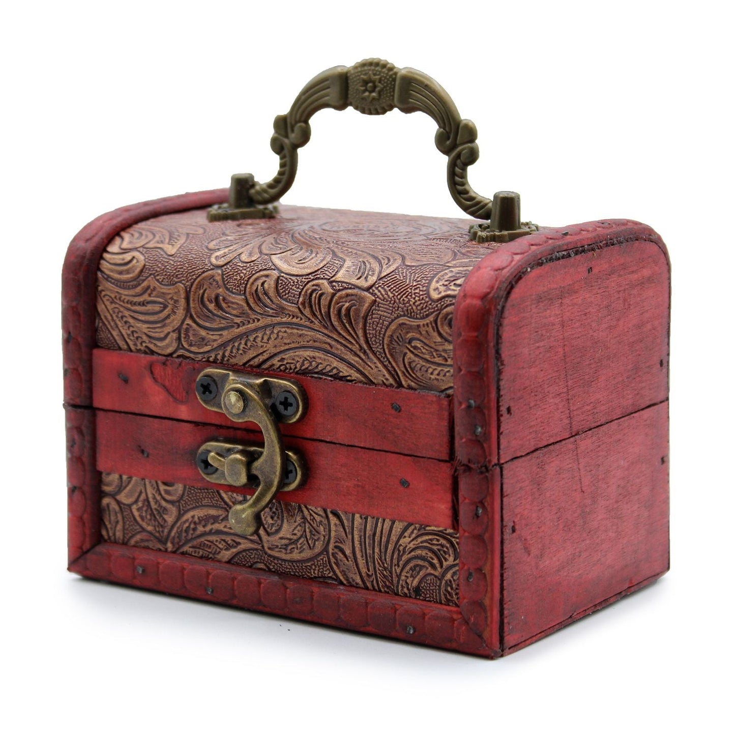 Floral Embossed MDF Vintage Style Box – 8x11x8 CM con asa metálica, cierre y relieve floral, color rojo y marrón