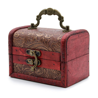 Floral Embossed MDF Vintage Style Box – 8x11x8 CM con asa metálica, cierre y relieve floral, color rojo y marrón