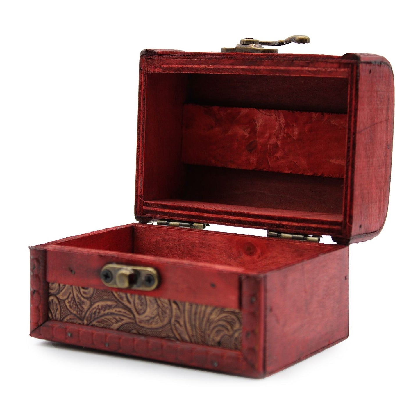 Alt Tag: Floral Embossed MDF Vintage Style Box – 8x11x8 CM red vintage MDF box with floral embossed detail, open lid and metal latch
