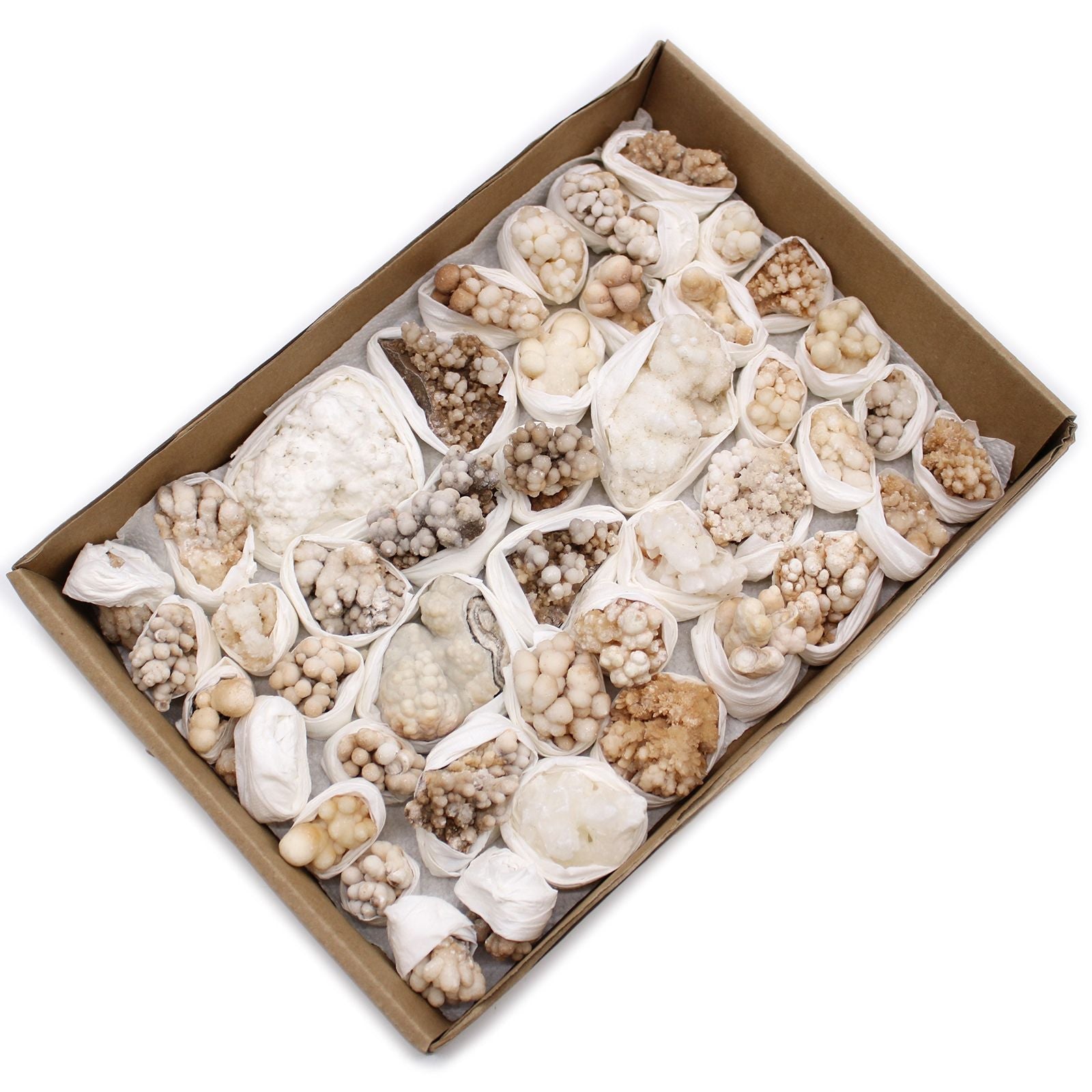 Alt Tag: Flower Calcite Specimens – 20-Piece Collection in tray, white and beige crystal clusters wrapped for shipping